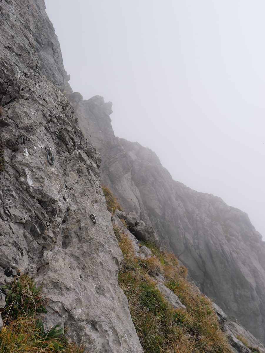 Steile Felswand mit Grasbändern, die sich im Nebel verliert
